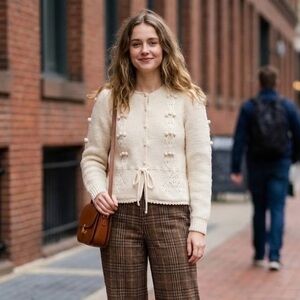 Beige Women's Sweater with Pom Pom Details